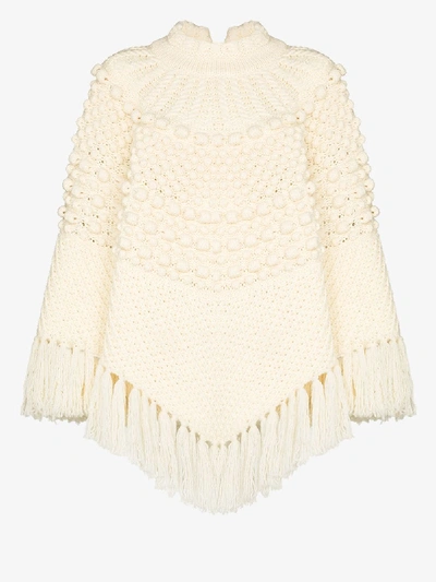 Shop Saint Laurent Cable Knit Tasseled Wool Poncho In White