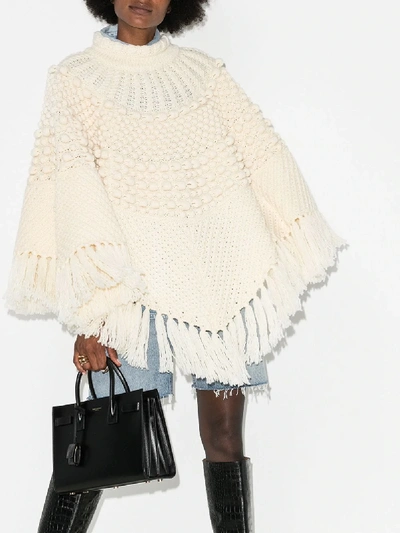 Shop Saint Laurent Cable Knit Tasseled Wool Poncho In White