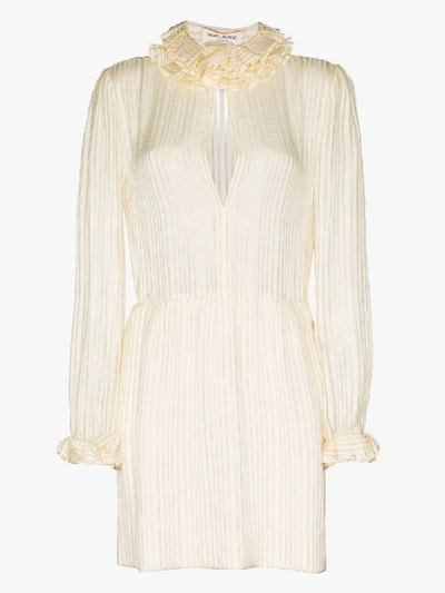 Shop Saint Laurent Ruffle Neck Mini Dress - Women's - Silk/metallic Fibre In Neutrals