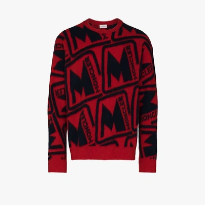 Shop Moncler Logo Intarsia Virgin Wool Sweater In Red