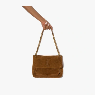 Shop Saint Laurent Brown Niki Medium Suede Shoulder Bag