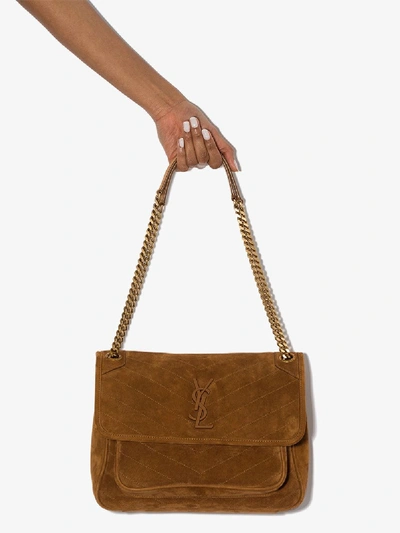 Shop Saint Laurent Brown Niki Medium Suede Shoulder Bag