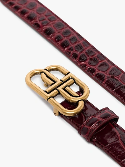 Shop Balenciaga Dark Red Bb Mock Croc Leather Belt In Brown