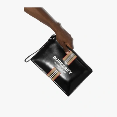 Shop Burberry Black Logo Print Leather Pouch