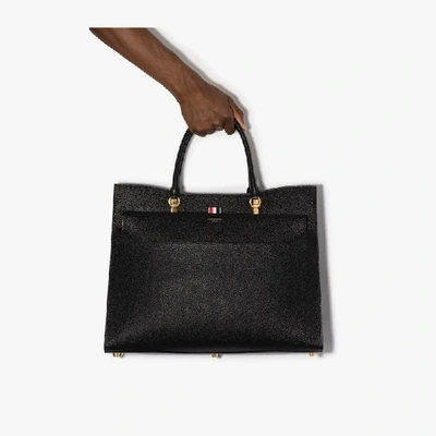 Shop Thom Browne Duet Texured-leather Tote Bag In Black