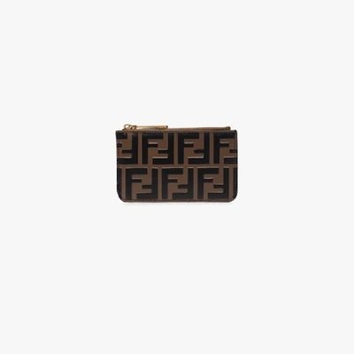 Shop Fendi Brown Ff Logo Leather Card Holder