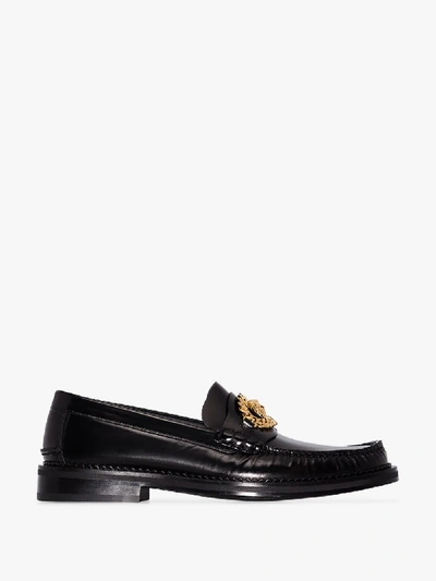 Shop Versace Black Medusa Chain Leather Loafers