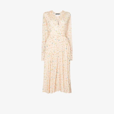 Shop Rotate Birger Christensen Tracy Micro Floral Print Midi Dress In Neutrals