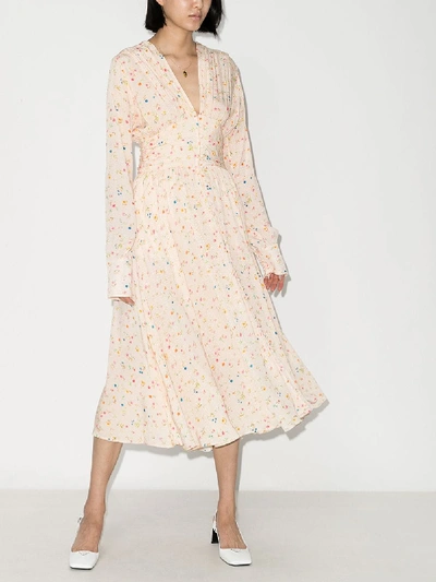 Shop Rotate Birger Christensen Tracy Micro Floral Print Midi Dress In Neutrals