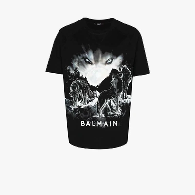 Shop Balmain Black Logo Print Wolf Cotton T-shirt