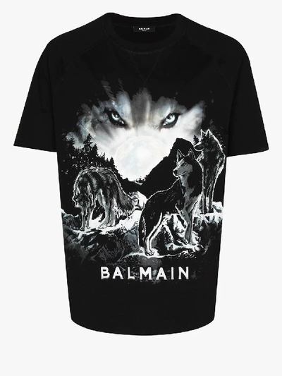 Shop Balmain Black Logo Print Wolf Cotton T-shirt