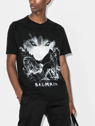 Shop Balmain Black Logo Print Wolf Cotton T-shirt