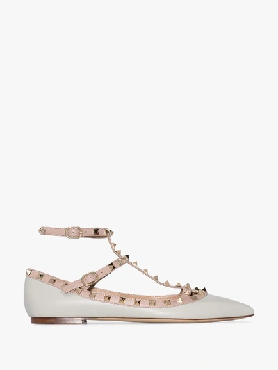 Shop Valentino Grey Rockstud Leather Ballerina Pumps