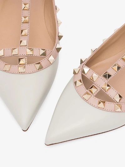 Shop Valentino Grey Rockstud Leather Ballerina Pumps