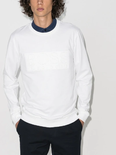 Shop Hugo Boss Heritage Logo Cotton Sweatshirt In White