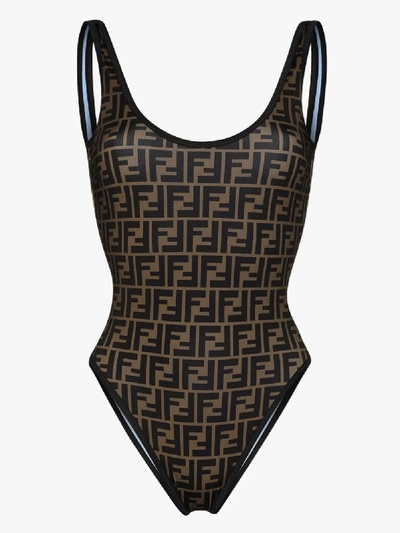 Shop Fendi Ff Motif Reversible Swimsuit In Brown