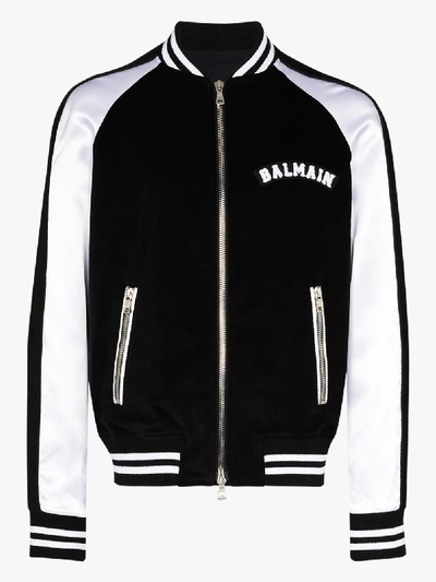 Shop Balmain Logo Badge Velvet Bomber Jacket In Black