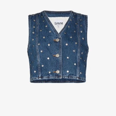 Shop Ganni Studded Denim Vest In Blue