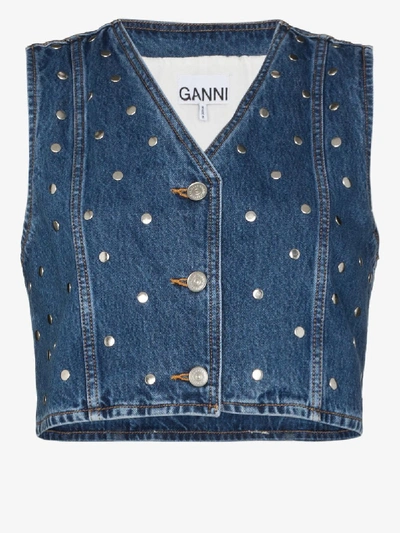 Shop Ganni Studded Denim Vest In Blue