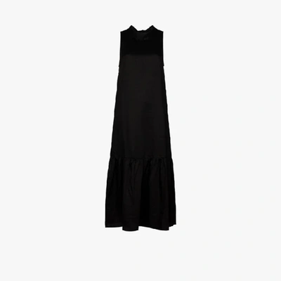 Shop Asceno Oslo Linen Tie Back Midi Dress In Black