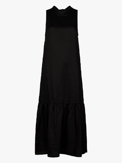 Shop Asceno Oslo Linen Tie Back Midi Dress In Black
