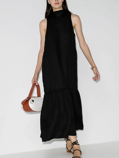 Shop Asceno Oslo Linen Tie Back Midi Dress In Black