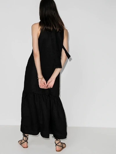 Shop Asceno Oslo Linen Tie Back Midi Dress In Black