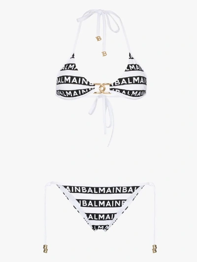 Shop Balmain Logo Stripe Triangle Bikini In Black