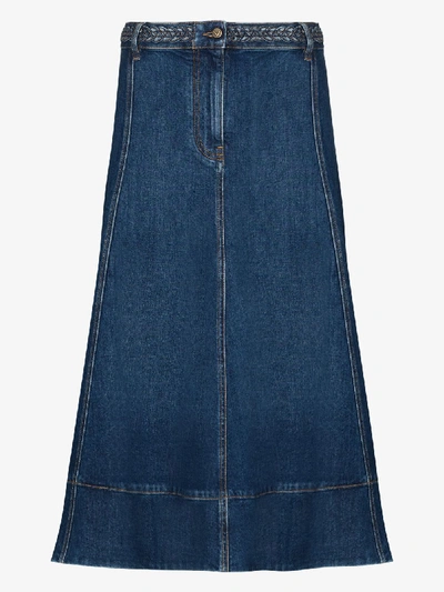 Shop Valentino Braided Waistband Denim Midi Skirt In Blue