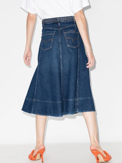 Shop Valentino Braided Waistband Denim Midi Skirt In Blue