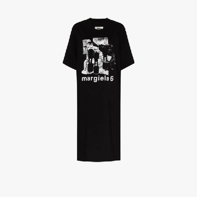 Shop Mm6 Maison Margiela Black Logo Print Cotton T-shirt Dress