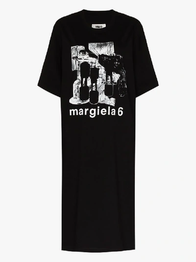 Shop Mm6 Maison Margiela Black Logo Print Cotton T-shirt Dress