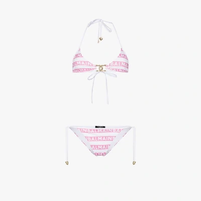 Shop Balmain Pink Logo Stripe Triangle Bikini
