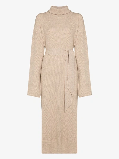 Shop Nanushka Canaan Belted Knit Midi Dress In Neutrals