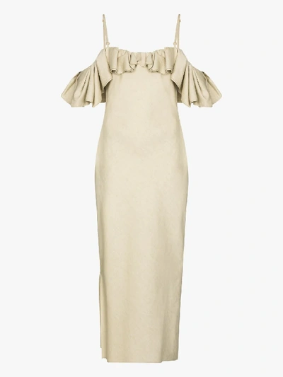 Shop Jacquemus Pampelonne Off-the-shoulder Ruffled Midi Dress In Neutrals