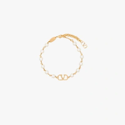 Shop Valentino Gold Tone Vlogo Signature Pearl Bracelet In White