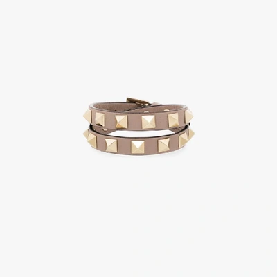Shop Valentino Neutral Rockstud Leather Wrap Bracelet In Neutrals