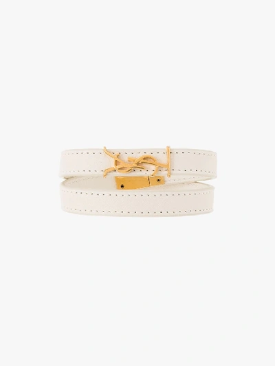 Shop Saint Laurent White Opyum Wrap Leather Bracelet In Neutrals