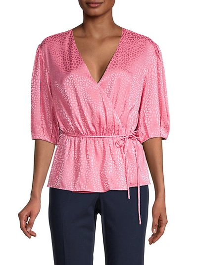 Shop Rebecca Minkoff Mary Puff-sleeve Wrap Peplum Top In Punch Pink