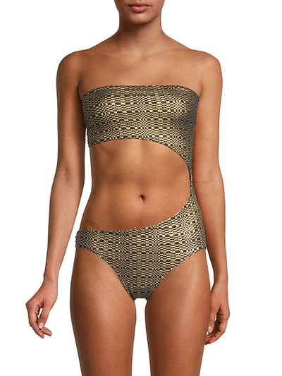 Shop Lisa Marie Fernandez Bandeau Cutout Metallic One-piece Swimsuit In Gold Black
