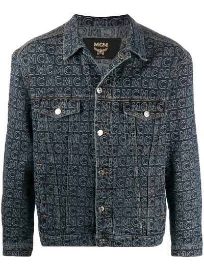 Shop Mcm Monogram Print Denim Jacket In Blue