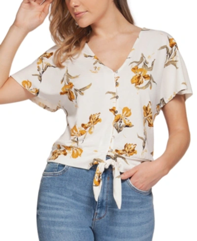 Shop Black Tape Floral-print Tie-hem Top In Mustard Floral