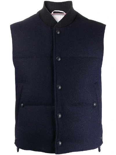 Shop Thom Browne Snap-button Padded Shetland Wool Gilet In Blue