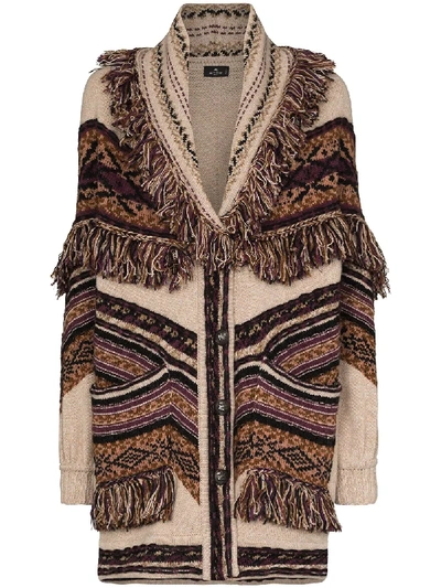 Shop Etro Fringe Intarsia-knit Cardigan In Brown