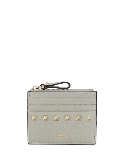 Shop Valentino Rockstud Pebbled Cardholder In Grey