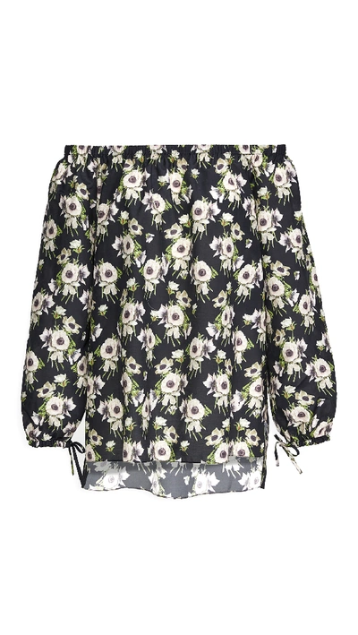Shop Adam Lippes Long Sleeve Off Shoulder Top In Printed Voile In Black Floral