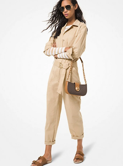 Shop Michael Kors Stretch Cotton Poplin Belted Jumpsuit In Natural