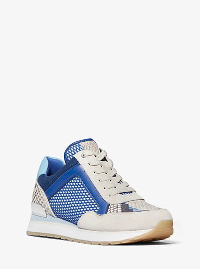 Shop Michael Kors Maddy Mixed-media Trainer In Blue