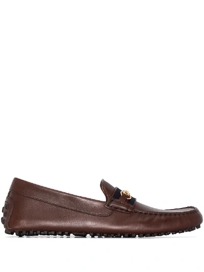 Shop Gucci Driving Web-stripe Loafers In Brown