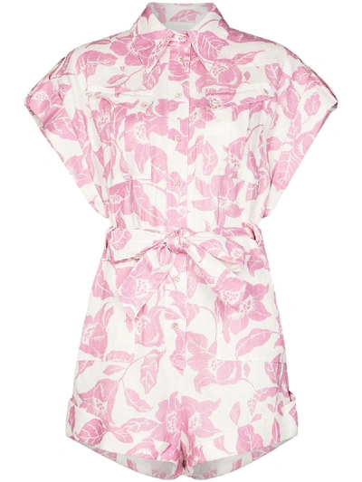 Shop Zimmermann Floral Print Tie-waist Playsuit In Pink